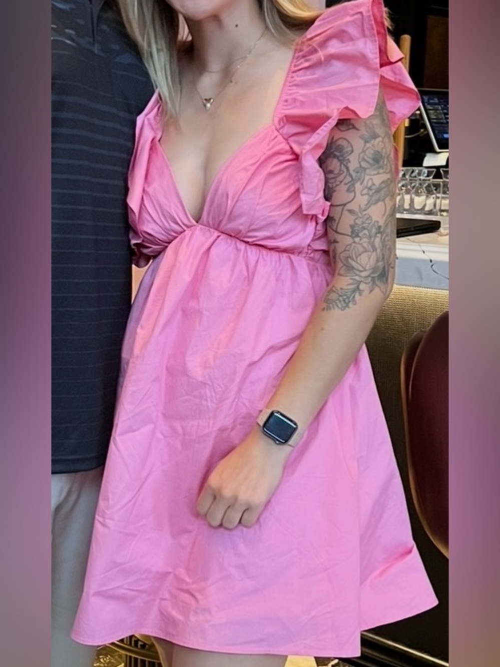 Pink Ruffle Sleeve V-Neck Mini Dress - Picture 3 of 3